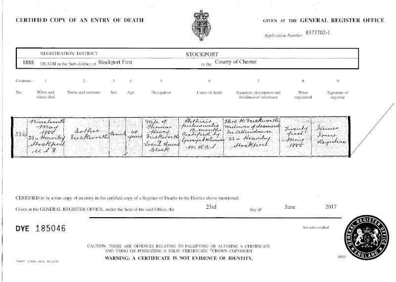 Esther Duckworth's Death Certificate